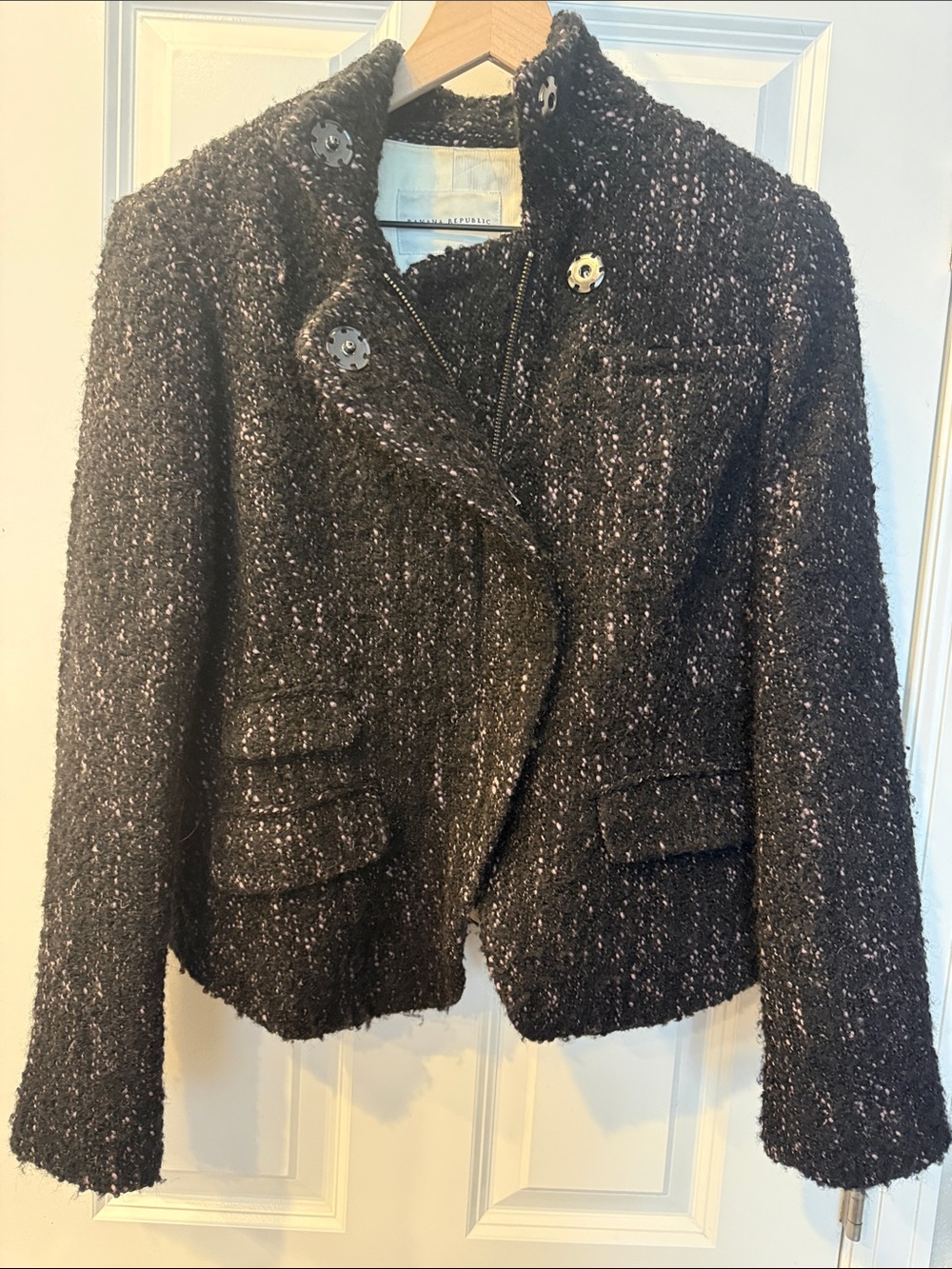 Banana Republic Bouclé Wool Blend Moto Jacket Black Metallic Thread, size 8